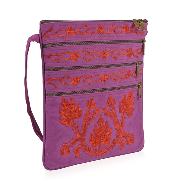 Purple and Red Colour Hand Embroidered Floral and Leaves Pattern Sling Bag with External Zipper Pocket (Size 26X22 Cm)