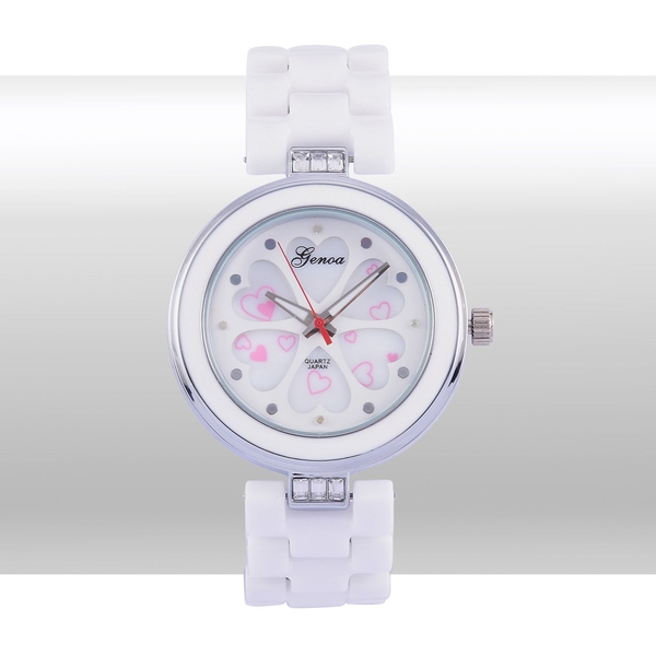 Diamond studded GENOA White Ceramic Japenese Movement White MOP Floral Dial Water Resistant Watch in Silver Tone with Stainless Steel Back and White Austrian Crystal