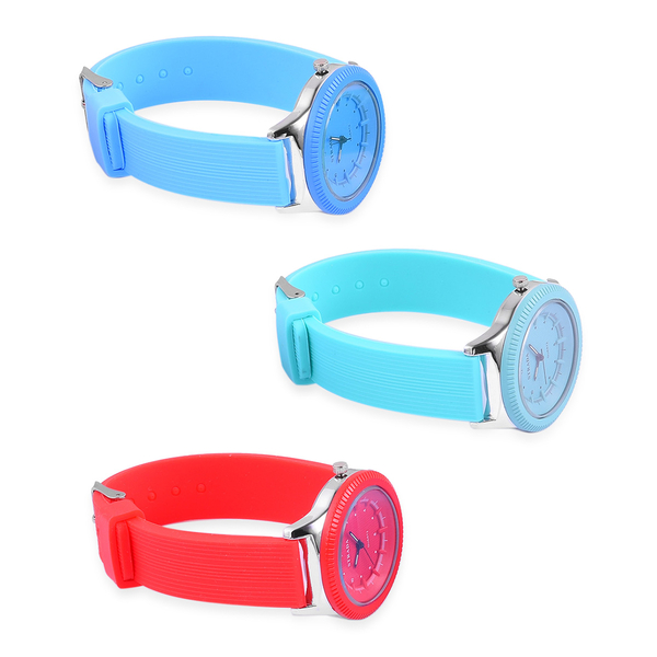 Set of 3 - STRADA Japanese Movement Red, Turquoise and Blue Colour Watch in Silver Tone with Silicone Strap