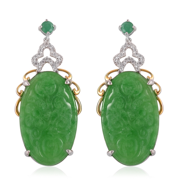 Hand Carved Green Jade (Ovl), Zambian Emerald and Natural White Cambodian Zircon Flower Earrings (wi