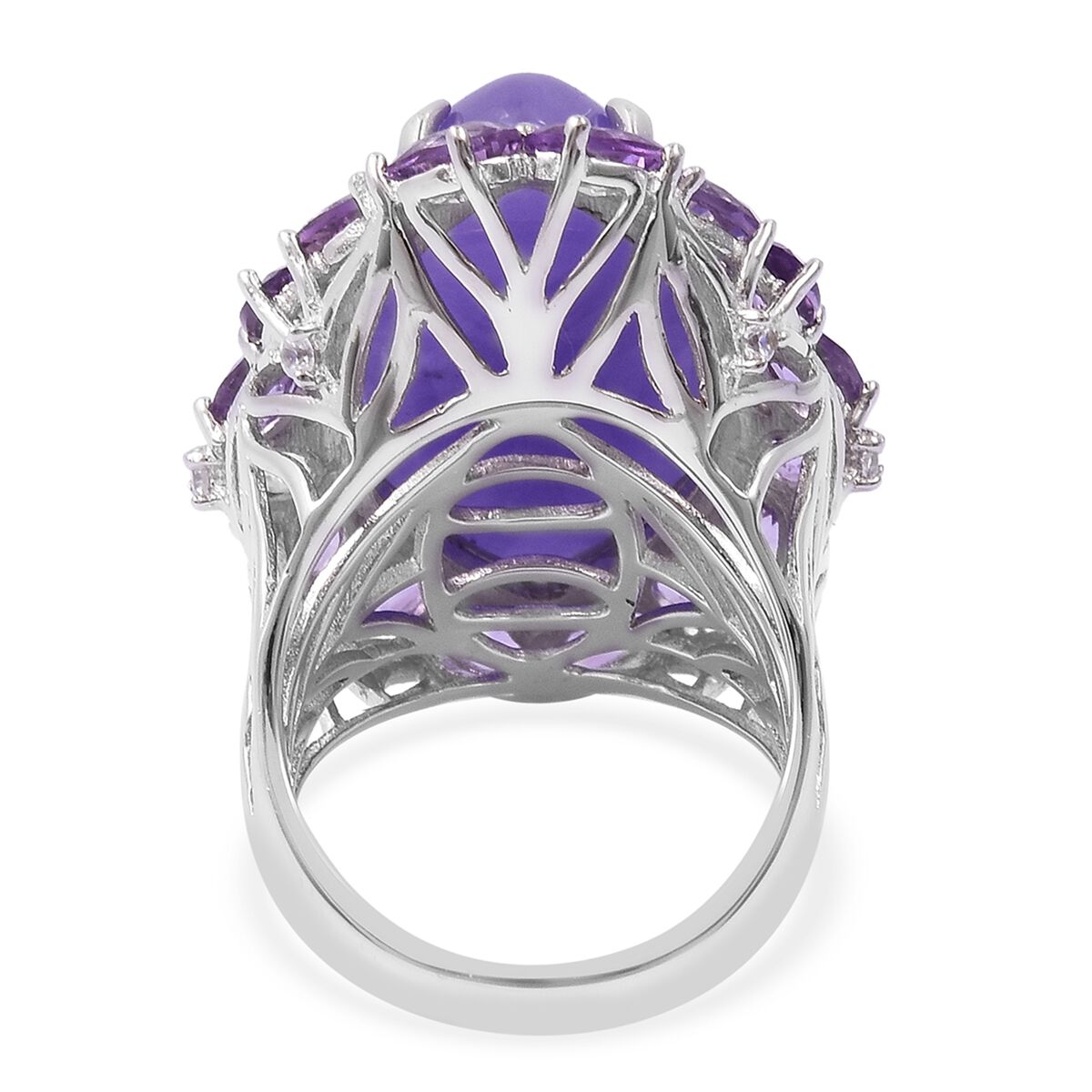 Purple Jade (Mrq 23.75 Ct), Rose De France Amethyst and Natural White Cambodian Zircon Ring in Platinum Overlay Sterling Silver 27.300 Ct. Silver wt 7.49 Gms.
