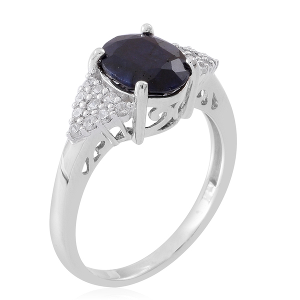 Kanchanaburi Blue Sapphire (Ovl 3.25 Ct), Natural White Cambodian Zircon Ring in Rhodium Plated Sterling Silver 3.750 Ct.