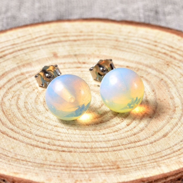 Opalite (Rnd) Stud Earrings (with Push Back) in Rhodium Overlay Sterling Silver 8.00 Ct.