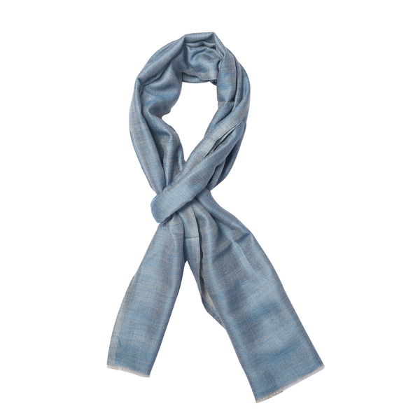100% Cashmere Wool Turquoise and Grey Colour Reversible Scarf with Fringes (Size 200X70 Cm)