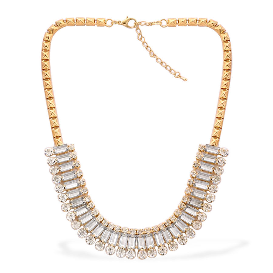 White Austrian Crystal and Simulated White Stone Necklace (Size 20) and Earrings (with Push Back) in Gold Tone