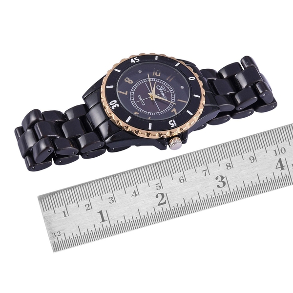 Diamond studded GENOA Black Ceramic Japenese Movement Watch Black MOP Dial with Water Resistant Watch in Gold Tone with Stainless Steel Back
