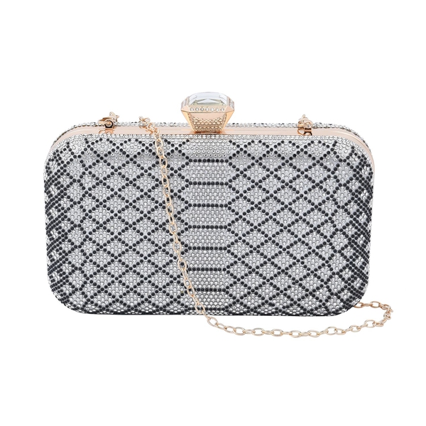 Snakeskin Pattern White Austrian Crystal Studded Clutch Bag with Long Chain Strap (Size 20x12x4 Cm) - Black & White