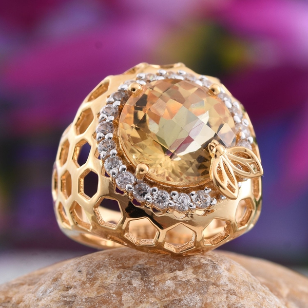 Stefy Citrine (Rnd 6.10 Ct), Pink Sapphire and Natural Cambodian Zircon Ring in 14K Gold Overlay Sterling Silver 7.270 Ct. Silver Wt.8.60 Gms