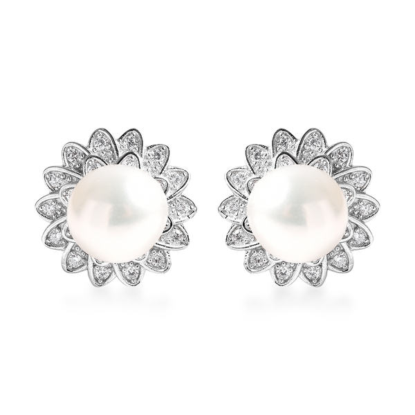 Freshwater Pearl and Simulated Diamond Sunflower Earrings (with Push Back) in Rhodium Overlay Sterli