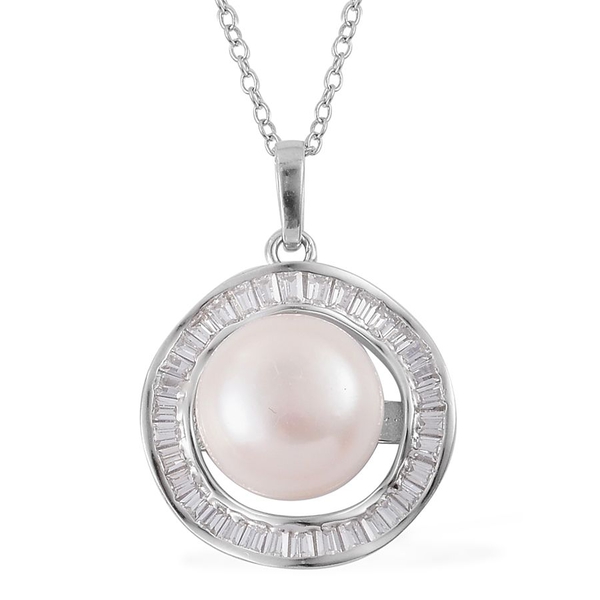 Fresh Water White Pearl and Simulated White Diamond Pendant With Chain in Rhodium Plated Sterling Si