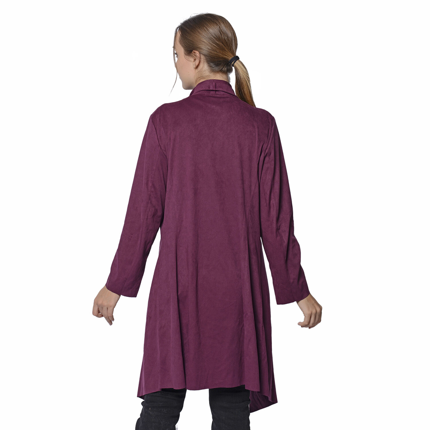 LA MAREY Super Soft Faux Suede Long Waterfall Cardigan in Plum Colour (Size XXL, 22-24)