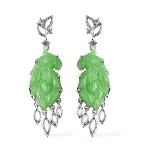 Green Jade and Natural Cambodian Zircon Parrot Design Earrings (with Push Back) in Rhodium Overlay S