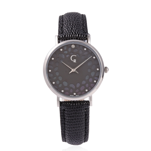 RACHEL GALLEY Diamond Studded Swiss Movement Watch With Embossed Genuine Leather Strap, Lattice Deta