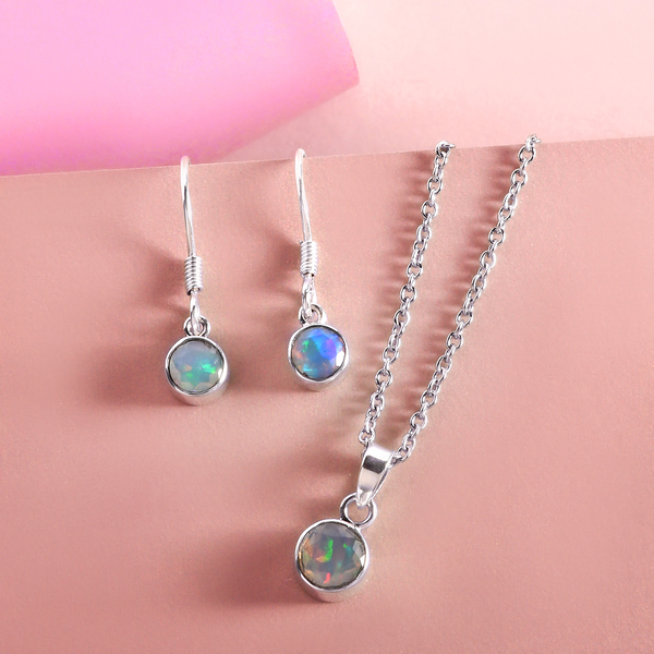2 Piece Set - Ethiopian Welo Opal Pendant & Hook Earrings in Platinum Overlay Sterling Silver Stainless Steel Chain ( Size 20), 1.20 Ct. Silver Wt. 5.17 Gms