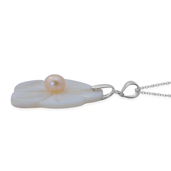 Fresh Water Peach Pearl and White Shell Floral Pendant With Chain (Size 18) and Earrings (with Push Back) in Sterling Silver