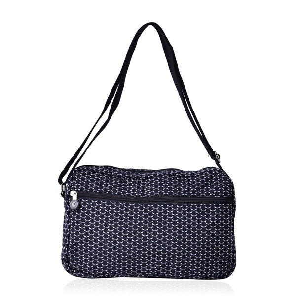 Black Dots Pattern White Colour Sports Bag With External Zipper Pocket and Adjustable Shoulder Strap (Size 27x20x6 Cm)