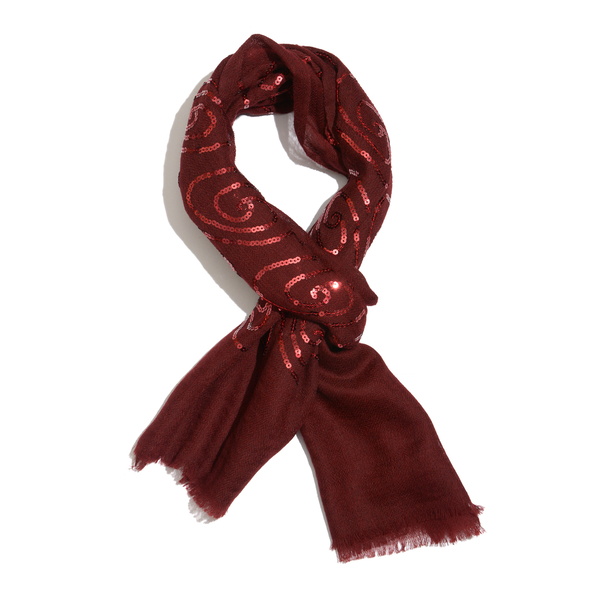 Limited Edition 100% Spanish Merino Wool Burgundy Colour Scarf with Sequin (Size 180x70 Cm)