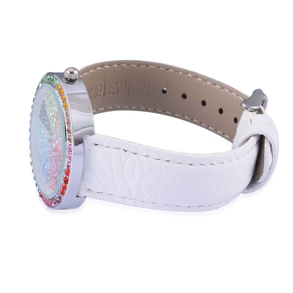 GENOA Japanese Movement Multi Colour Austrian Crystal Studded White Dial Water Resistant Watch in Silver Tone with Stainless Steel Back and White Leather Strap