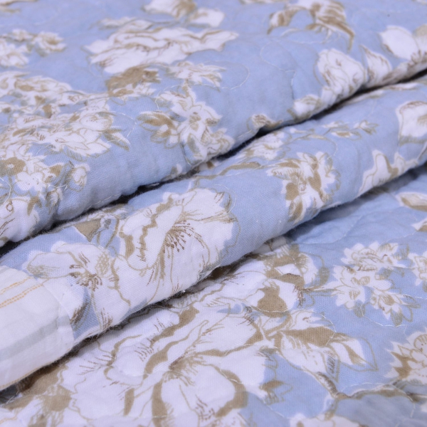 100% Cotton White, Blue and Chocolate Colour Floral and Stripe Pattern 4 Season Quilts (Size 260x240 Cm)