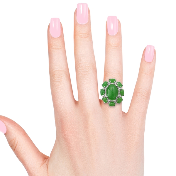 Green Jade (Ovl 14.00 Ct), Natural Cambodian Zircon Flower Ring in Platinum Overlay Sterling Silver 23.000 Ct, Silver wt 8.50 Gms.