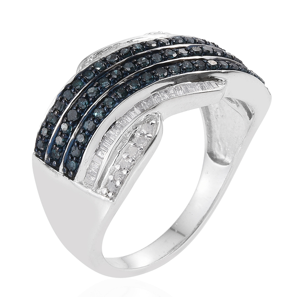 Blue Diamond (Rnd), White Diamond Ring in Platinum Overlay Sterling Silver 1.000 Ct.