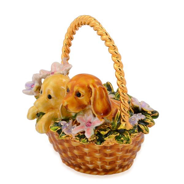 Home Decor - Golden Colour Enameled Purple and Pink Flower, 2 Dogs in the Basket in Gold Tone with Multi Colour Austrian Crystal