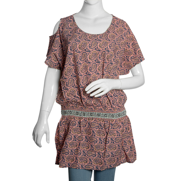 Pink, Navy and Multi Colour Paisley and Leaves Pattern Cutout Shoulder Top (Free Size)