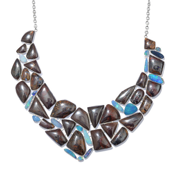 Opal Rock and Opal Double Statement Necklace in Silver 82.16 Grams 18 with 1 inch Extender