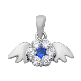 ELANZA Simulated Blue Sapphire and Simulated Diamond Angel Wings Theme Pendant in Rhodium Overlay St