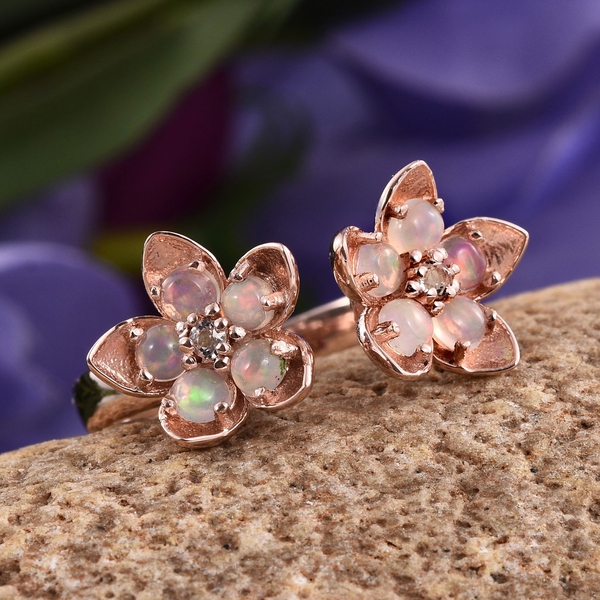 AA Ethiopian Welo Opal (Rnd), White Topaz Twin Floral Ring in Rose Gold Overlay Sterling Silver 1.000 Ct.