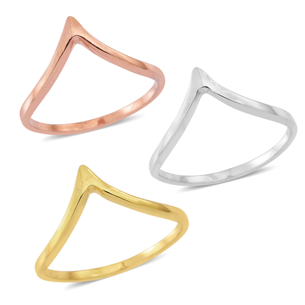 Set of 3 - 14K Yellow Gold and Rose Gold Overlay Sterling Silver Wishbone Ring