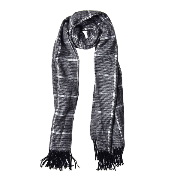 Close Out Deal - Italian Designer Black and Grey Colour Checks Pattern Scarf with Tassels (Size 190X87 Cm)