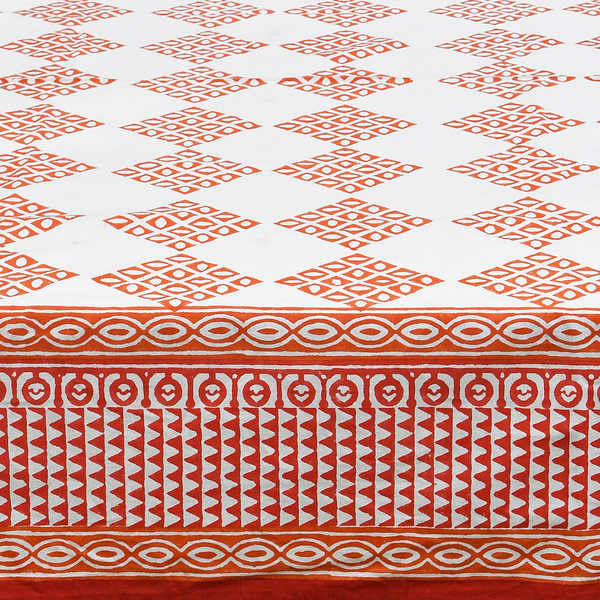 100% Cotton Orange and White Colour Hand Block Printed Table Cover (Size 150x150 Cm)