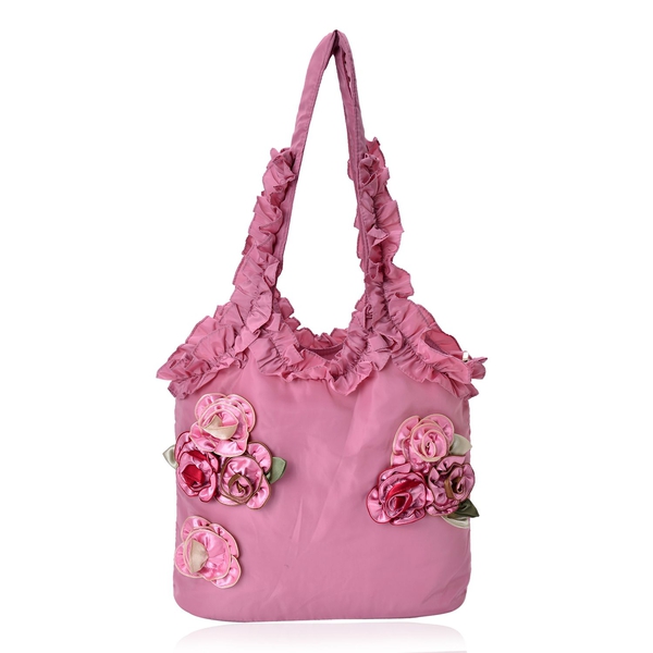 3D Rose Flowers and Ruffle Embellished Pink Colour Tote Bag (Size 31X26.5X10 Cm)