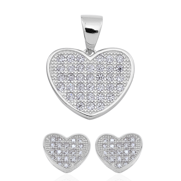 ELANZA AAA Simulated Diamond (Rnd) Heart Pendant and Stud Earrings (with Push Back) in Rhodium Plate