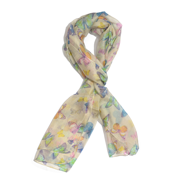 SILK MARK- Made in Kashmir 100% Silk Blue and Multi Colour Butterfly Pattern Honey Yellow Colour Scarf (Size 180x50 Cm)