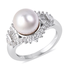 9-10mm White South Sea Pearl and Zircon Halo Ring (Size M) in Rhodium Plated Sterling Silver 5.56 Grams