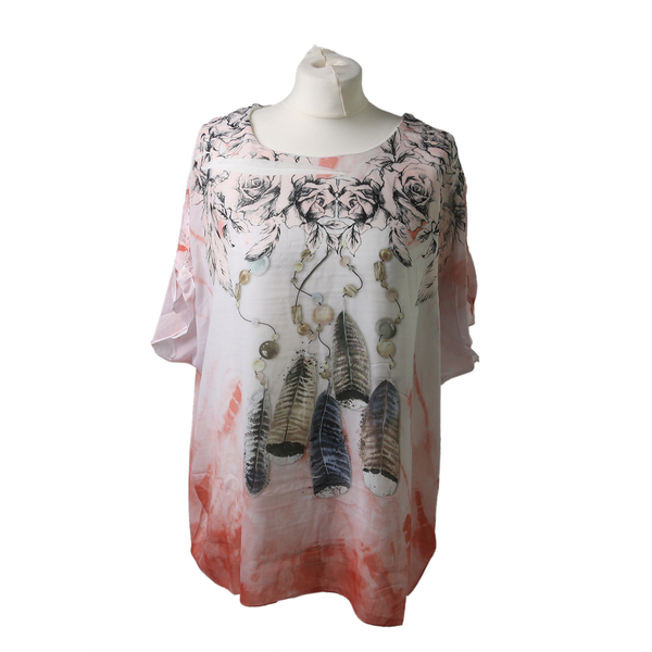 Urban Mist White and Peach Top with Feather Print (Inside Layer - 100% Cotton & Outside Layer - 100% Viscose, Size Up to 18)