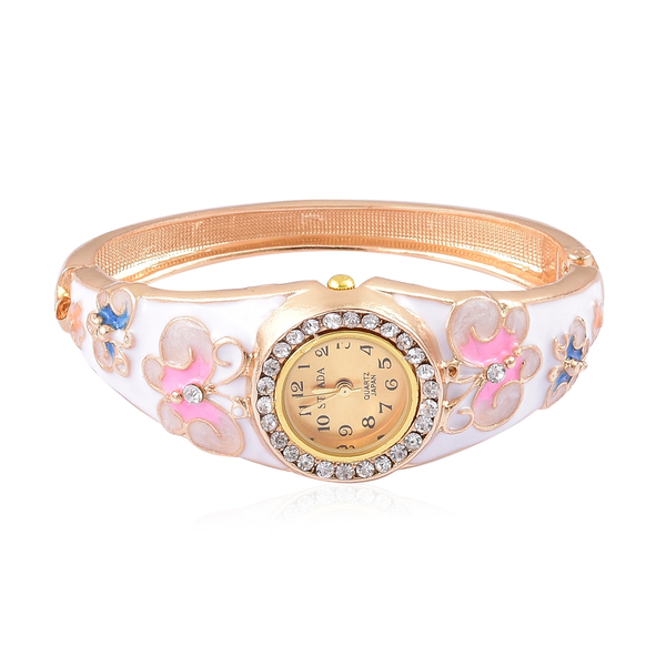 STRADA Japanese Sunshine Dial Butterfly Design White, Pink and Blue Enameled Bangle Watch in Yellow Gold Tone with White Austrian Crystal