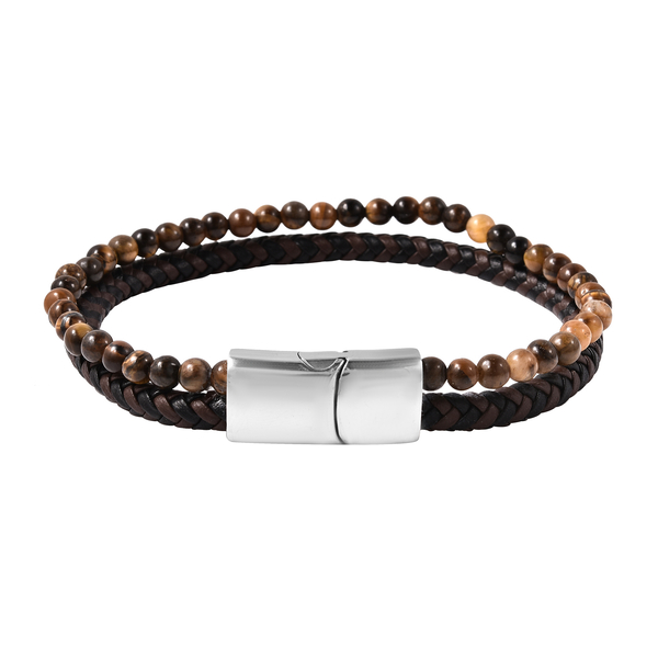 Men's Personalised Leather and Tiger Eye Beads Bracelet
