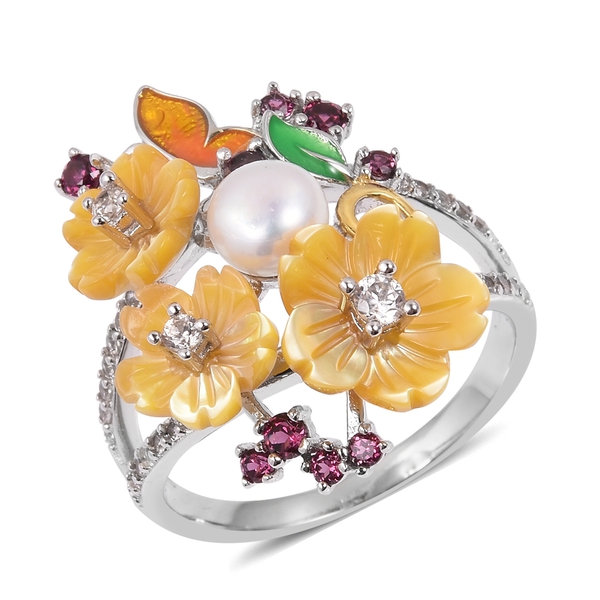 JARDIN COLLECTION - Yellow Mother of Pearl, Freshwater White Pearl, Rhodolite Garnet and Multi Gemst