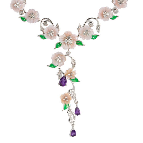JARDIN COLLECTION- Pink Mother of Pearl, Amethyst and Natural White Cambodian Zircon Floral Enameled Necklace (Size 17 with 3 inch Extender) in Rhodium Overlay Sterling Silver, Silver wt 21.69 Gms