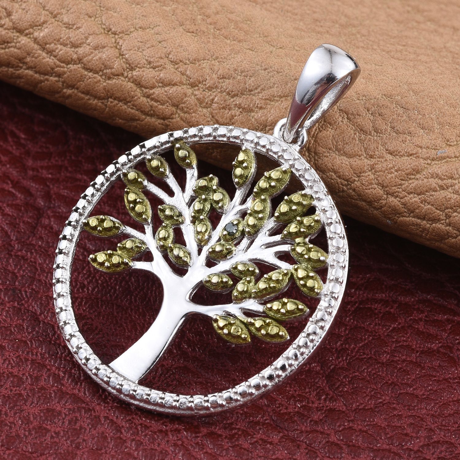 Green Diamond (Rnd) Tree Pendant in Platinum Overlay Sterling Silver