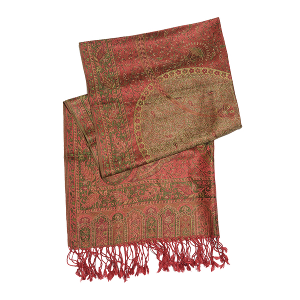 Silk Mark - 100% Super Fine Silk Peacock, Burgundy and Multi Colour Floral and Paisley Pattern Potters Clay Colour Jacquard Jamawar Scarf with Fringes (Size 180x70 Cm) (Weight 125 - 140 Gms)