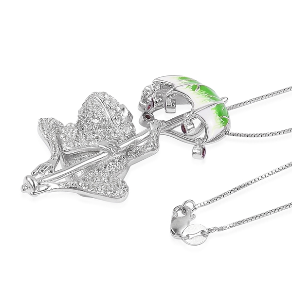 Designer Inspired - Chrome Diopside, Rhodolite Garnet and Cambodian Zircon Frog Under Enameled Leaf Umbrella Pendant with Chain (Size 18) in Rhodium and Platinum Overlay Sterling Silver 3.050 Ct.