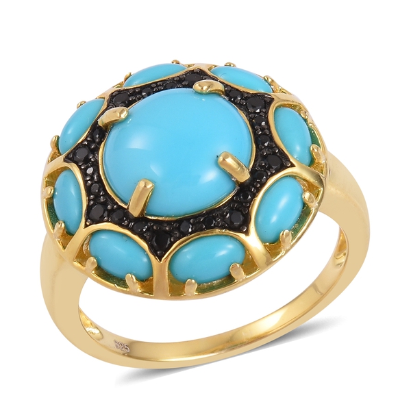 Arizona Sleeping Beauty Turquoise (Rnd 4.15 Ct), Boi Ploi Black Spinel Ring in Black and Yellow Gold