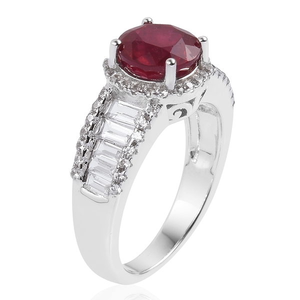 African Ruby (Rnd 3.00 Ct), White Topaz and Natural White Cambodian Zircon Ring in Rhodium Plated Sterling Silver 4.400 Ct.