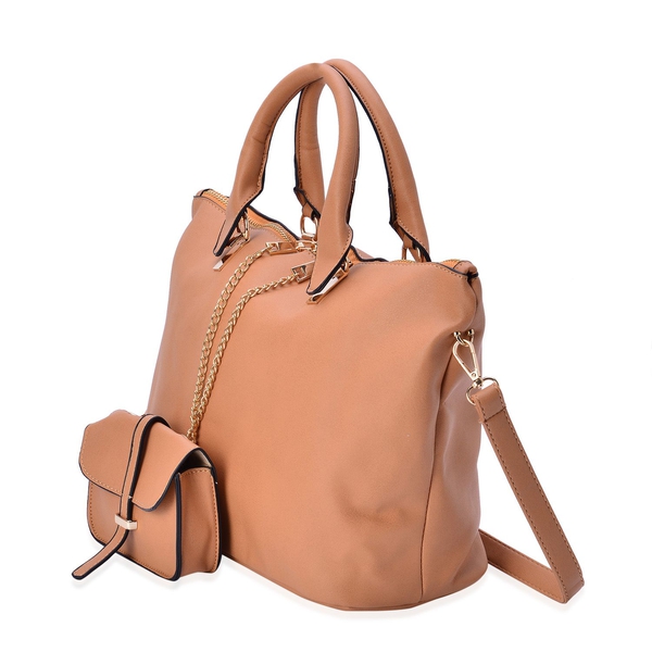 Set of 2 - Tan Colour Handbag With Adjustable and Removable Shoulder Strap (Size 25.5x13.5 Cm and 13.5x11x3.5 Cm)