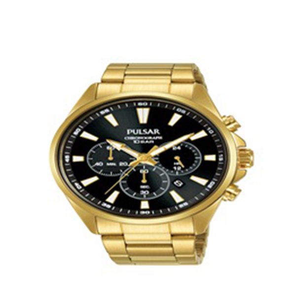 Pulsar Mens Black Dial Gold Plated Bracelet Chronograph Watch - 100M