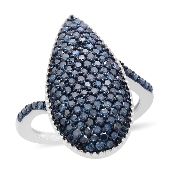 Limited Edition - Designer Inspired Blue Diamond (Rnd) Cluster Ring in Platinum Overlay Sterling Silver 1.000 Ct.